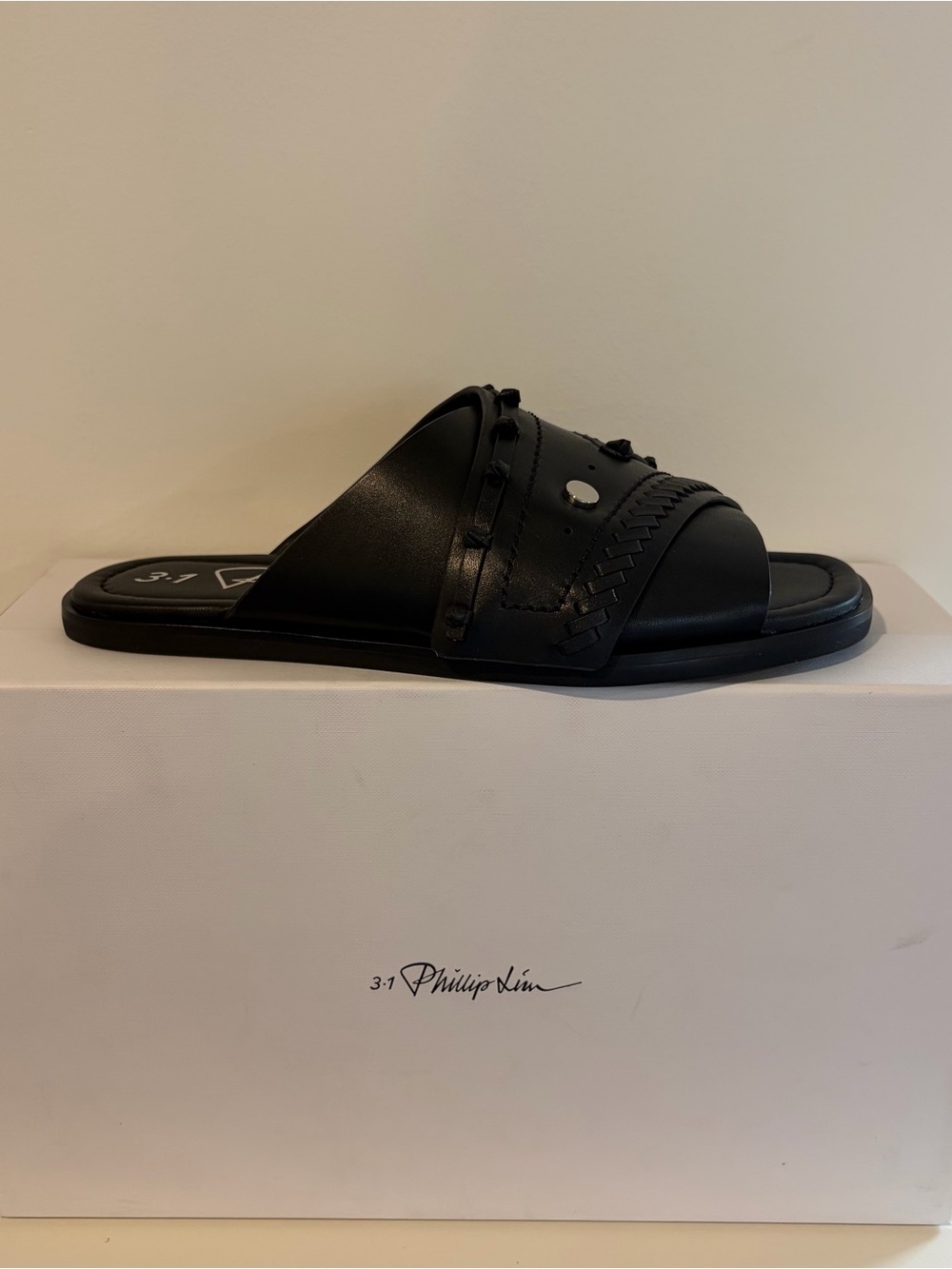 3.1 Phillip Lim Black Leather Braided Slide Sandals with Stud Detail
